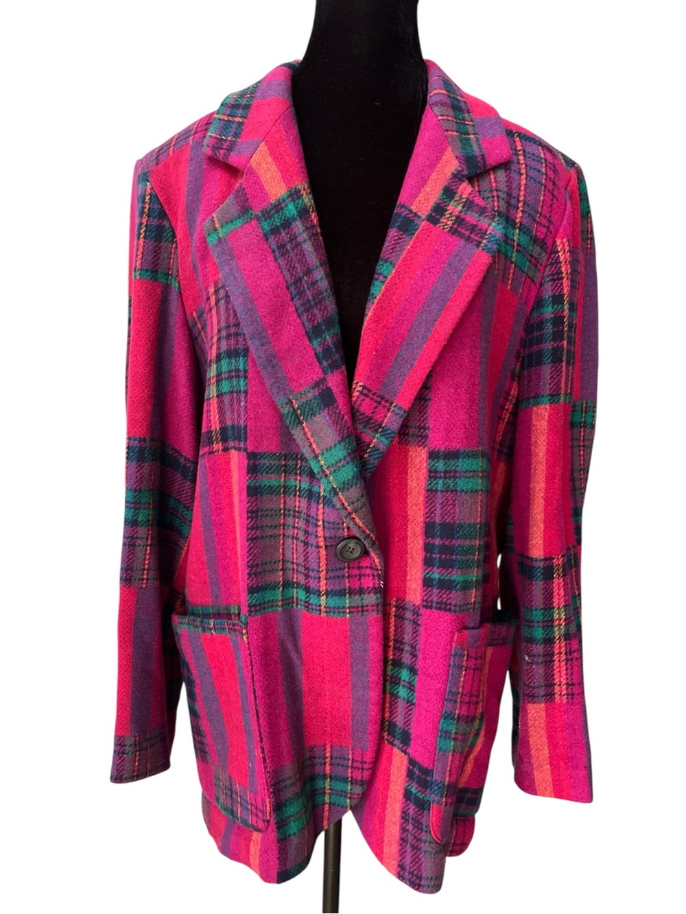 Vintage Hunt Club Wool Plaid Blazer Pink Green Violet Jacket Size Medium